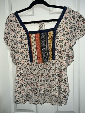 Maurices Cream Floral Patchwork Square-Neck Peasant Top with Navy Trim